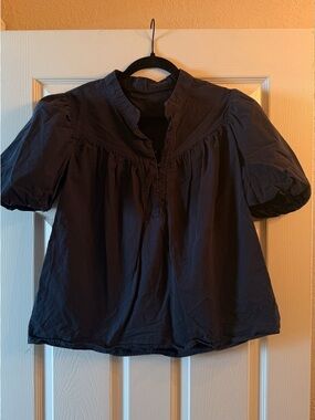Women's Navy Puff-Sleeve Button Front Top